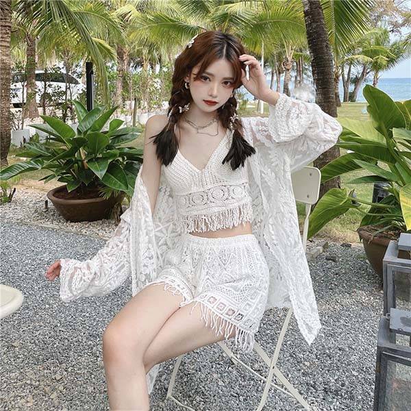 【激安開催！】タンキニ 水着 キャミソール 長袖 ラッシュガード クロシェ編み フリンジ水着 レースアップ 三角ビキニ ホルターネック ボーイレッグ ワイヤーなし パッド付 レディース 体型カバー セ