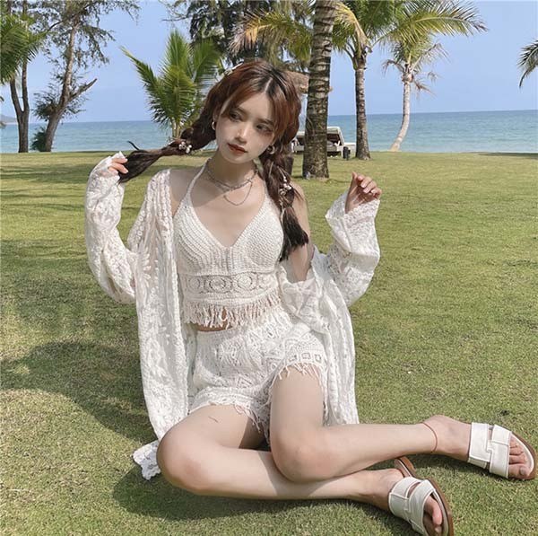 【激安開催！】タンキニ 水着 キャミソール 長袖 ラッシュガード クロシェ編み フリンジ水着 レースアップ 三角ビキニ ホルターネック ボーイレッグ ワイヤーなし パッド付 レディース 体型カバー セ