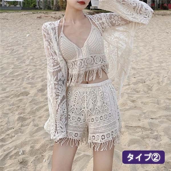 【激安開催！】タンキニ 水着 キャミソール 長袖 ラッシュガード クロシェ編み フリンジ水着 レースアップ 三角ビキニ ホルターネック ボーイレッグ ワイヤーなし パッド付 レディース 体型カバー セ