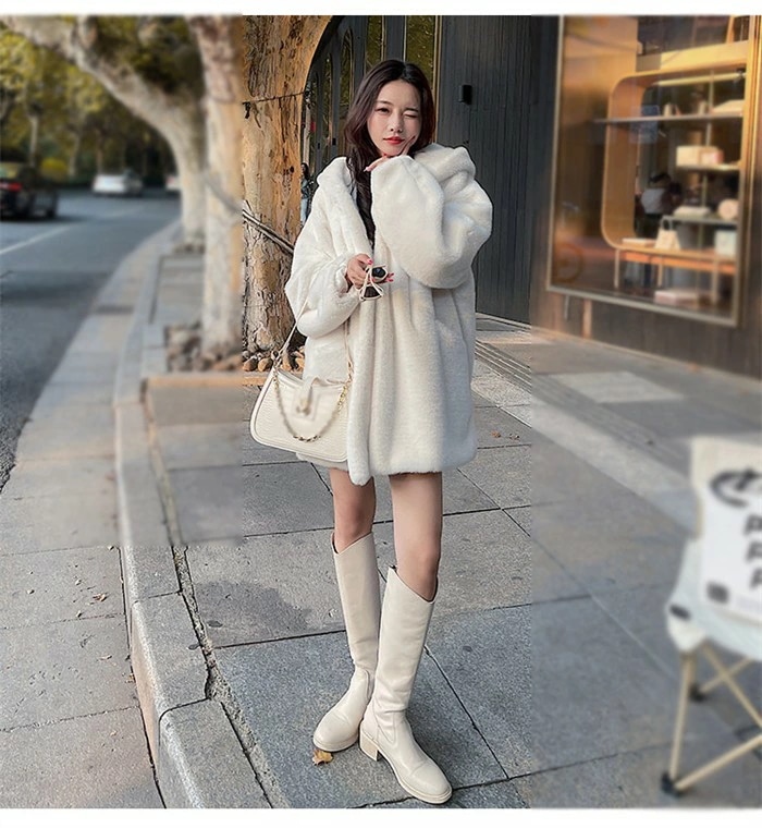 ボリュームファーコート フェイクファー モコモココート ボアパーカー レデイース かわいい アウター フード付き 冬 防風 防寒 暖かい 柔らかい　韓国風 きれいめ カジュアル 秋冬 白 d1417d