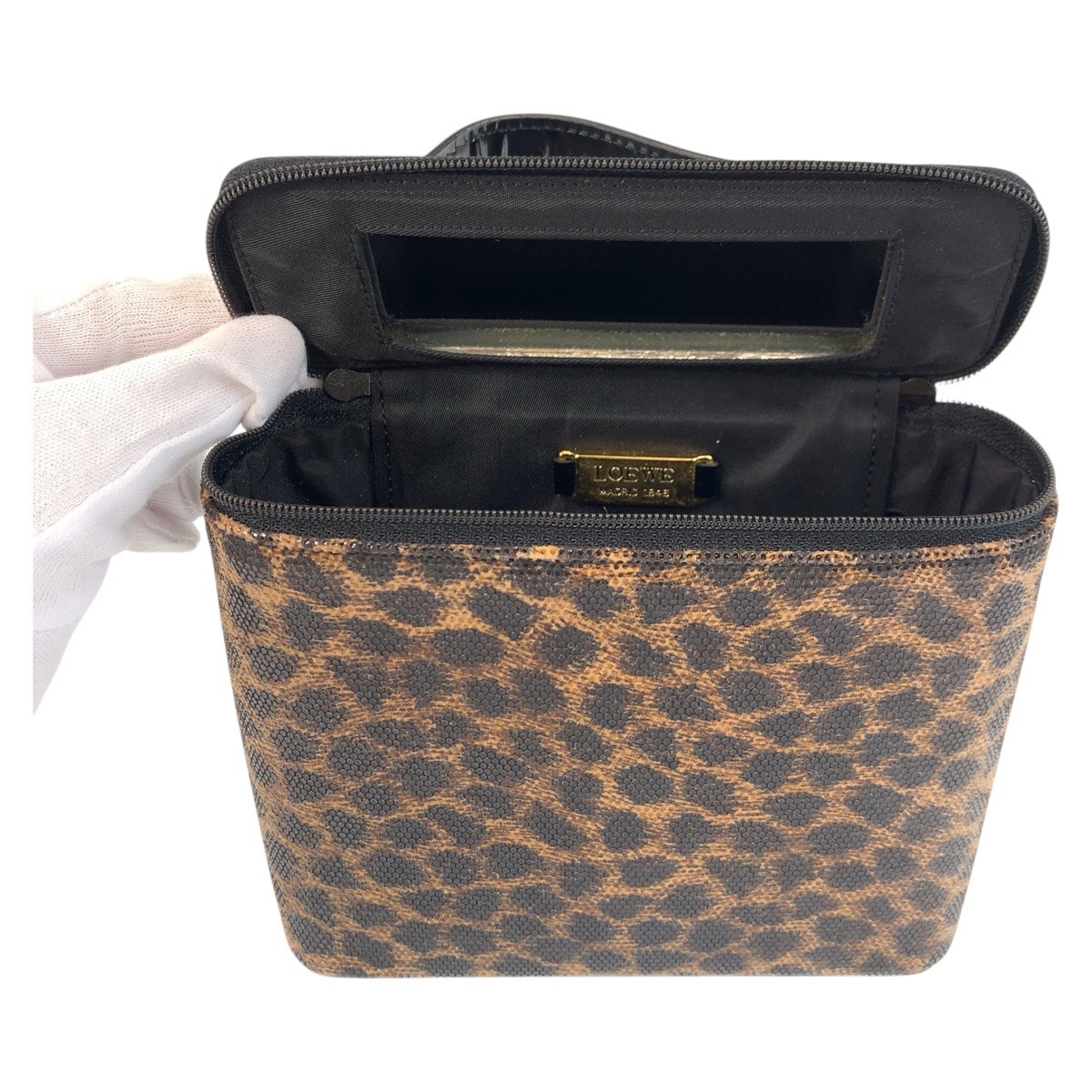 美品 ヴィンテージ レオパード ブラウン ブラック ゴールド金具 PVC/エナメル ハンドバッグ バニティバッグ レディース 502207