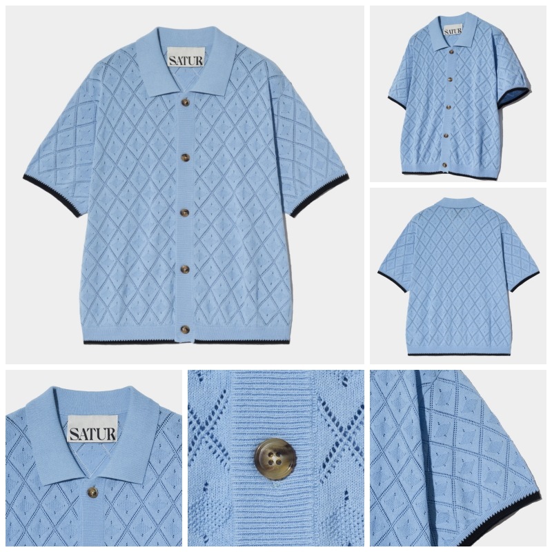 SATUR】 FES CABLE COLLAR HALF KNIT SHIRT : SKY BLUE