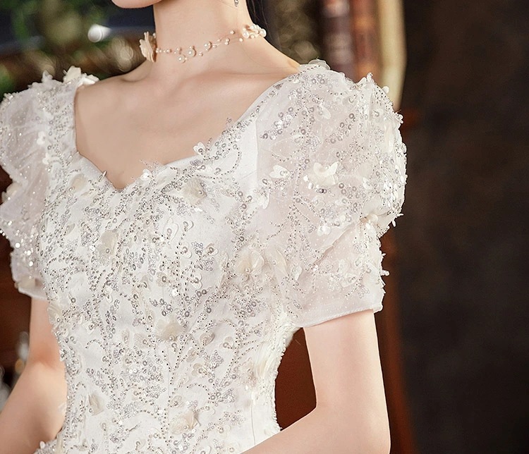 高品質保証ウェディングドレス 白 パフスリーブ ビーズ スパンコール キレイめ ブライダルドレス ホワイトドレス 海外挙式 花嫁ドレス 結婚式ドレス Vネック ロングドレス 二次会ドレス 花柄 ウェデ 高品質保証ウェディングドレス 白 パフスリーブ ビーズ スパンコール キレイめ ブライダルドレス ホワイトドレス 海外挙式 花嫁ドレス 結婚式ドレス Vネック ロングドレス 二次会ドレス 花柄 ウェデ