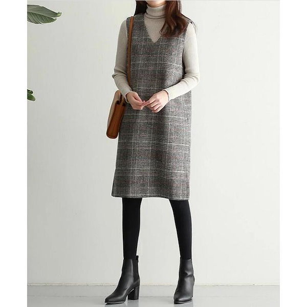 Qoo10] 秋 グレンチェック ワンピース レディー
