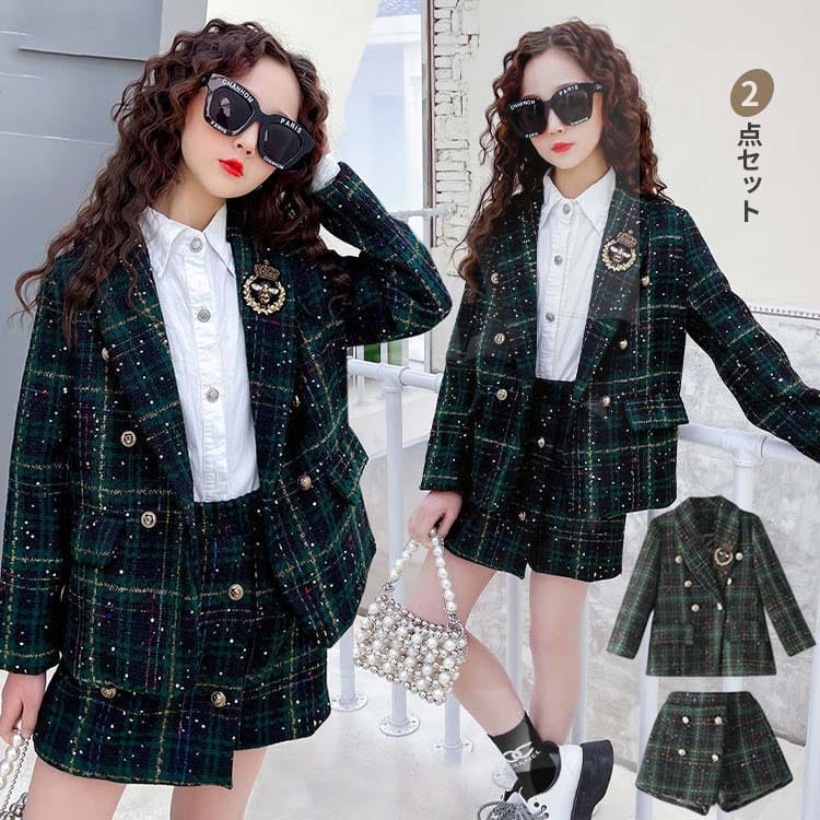 Hot!!!2点セット ジャケット+スカート 110-170cm 女の子 グリーン 子供服 おしゃれ 派手キッズ Hot!!!2点セット ジャケット+スカート 110-170cm 女の子 グリーン 子供服 おしゃれ 派手キッズ