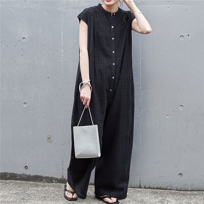 オールインワン レディース 透かし編み つなぎ パンツ コンビネゾン オーバーオール パンツ ワイドパンツ ロングパンツ ボタン 体型カバー ゆったり 春夏