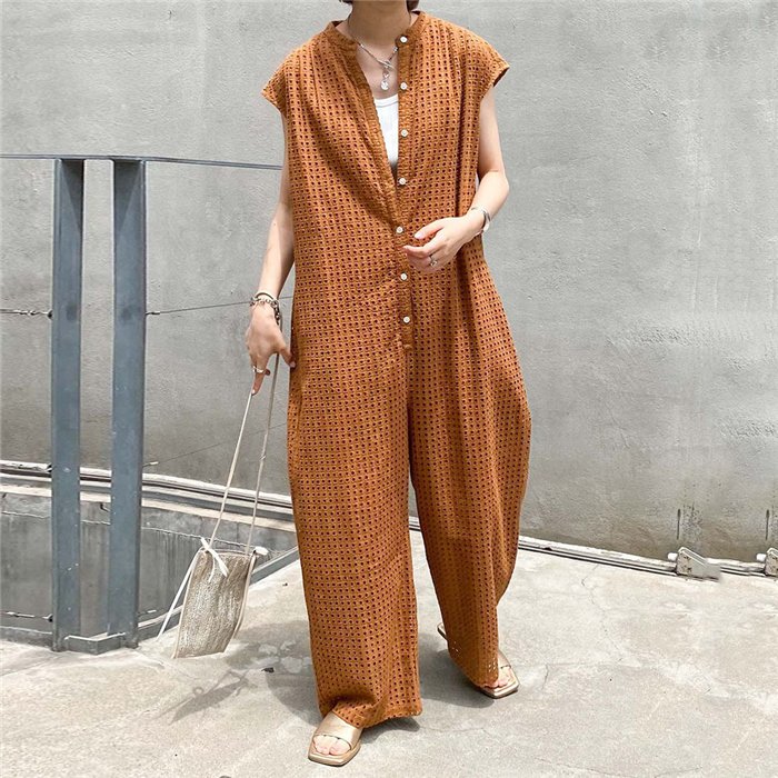 オールインワン レディース 透かし編み つなぎ パンツ コンビネゾン オーバーオール パンツ ワイドパンツ ロングパンツ ボタン 体型カバー ゆったり 春夏
