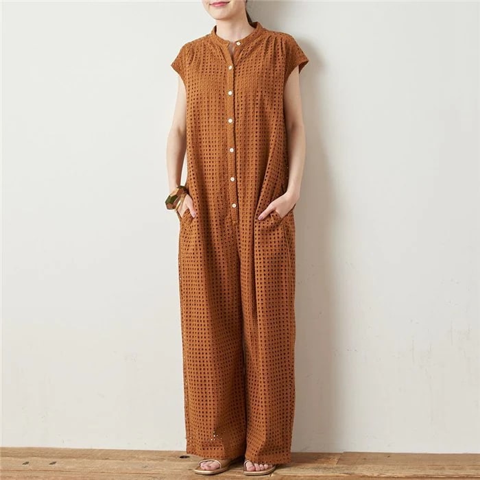 オールインワン レディース 透かし編み つなぎ パンツ コンビネゾン オーバーオール パンツ ワイドパンツ ロングパンツ ボタン 体型カバー ゆったり 春夏