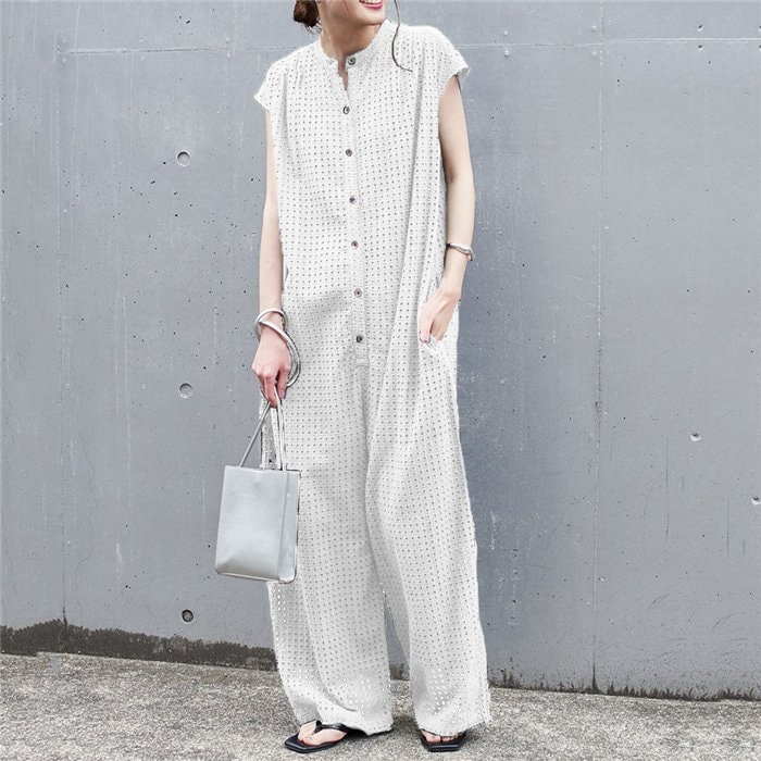 オールインワン レディース 透かし編み つなぎ パンツ コンビネゾン オーバーオール パンツ ワイドパンツ ロングパンツ ボタン 体型カバー ゆったり 春夏