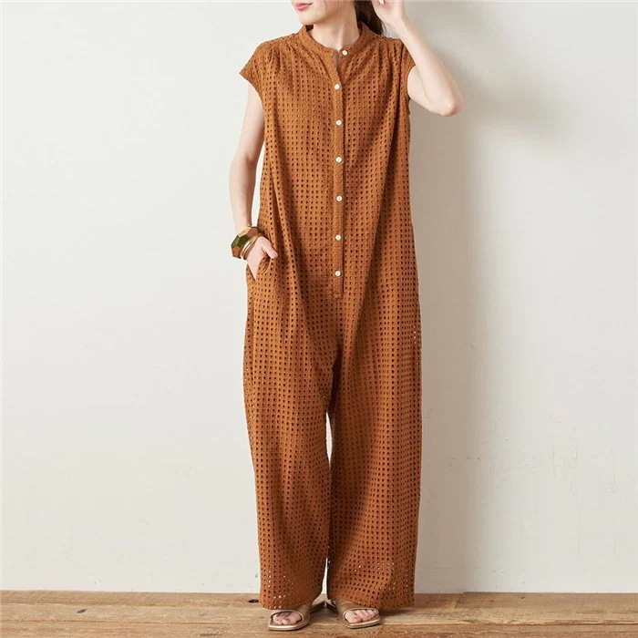 オールインワン レディース 透かし編み つなぎ パンツ コンビネゾン オーバーオール パンツ ワイドパンツ ロングパンツ ボタン 体型カバー ゆったり 春夏