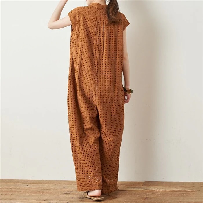 オールインワン レディース 透かし編み つなぎ パンツ コンビネゾン オーバーオール パンツ ワイドパンツ ロングパンツ ボタン 体型カバー ゆったり 春夏