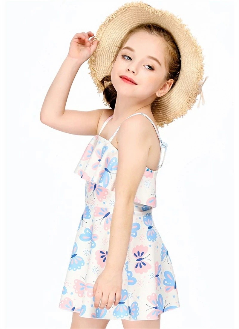 子供水着 キッズ水着 女の子 ワンピース 3点セット キャップ付き パンツ付き 女の子水着 ジュニア 水着 ピンク 蝶柄 可愛い スイムウェア ガールズ スクール水着 子供 女児 みずぎ オールイン