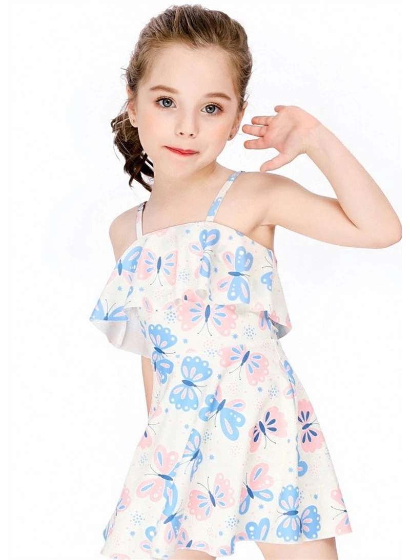 子供水着 キッズ水着 女の子 ワンピース 3点セット キャップ付き パンツ付き 女の子水着 ジュニア 水着 ピンク 蝶柄 可愛い スイムウェア ガールズ スクール水着 子供 女児 みずぎ オールイン