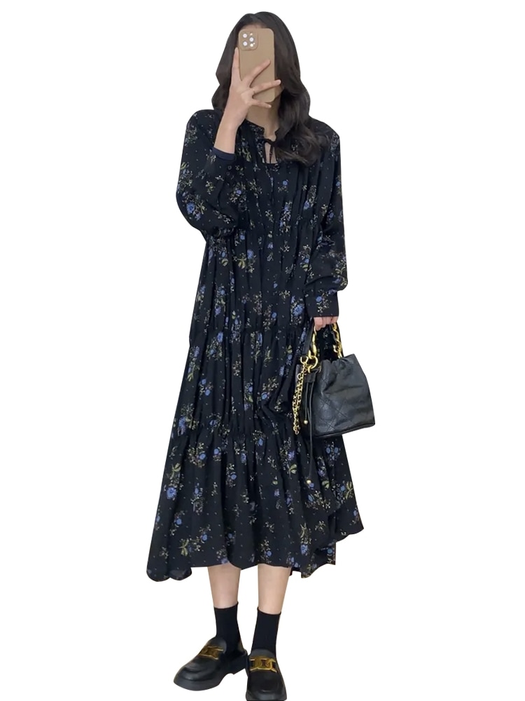 フレンチドレープロングドレス秋の女性2023新しいお茶は長袖の花柄ドレスのサブセット全体を着用してください フレンチドレープロングドレス秋の女性2023新しいお茶は長袖の花柄ドレスのサブセット全体を着用してください