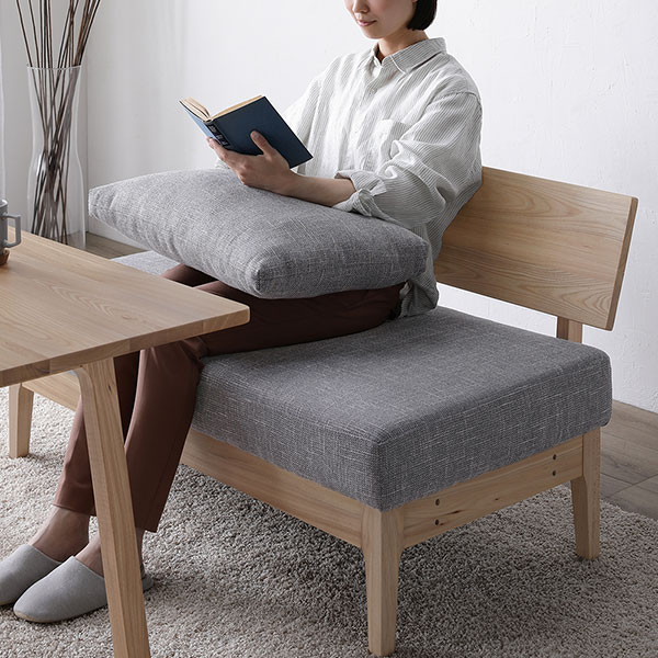 ダイニング ベンチ 単品 [ アーム付き グレー ] 木製 天然木 背もたれクッション カバーリング仕様 洗える 組立品