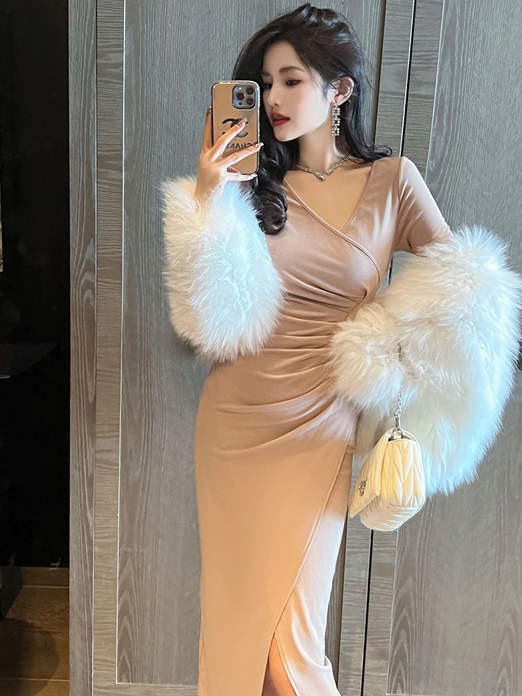 2024 春 ワンピース 斜襟 皺デザイン ロング キャバ 大人 ウェディング ロング 結婚式 ドレス パーティードレス お呼ばれ 披露宴