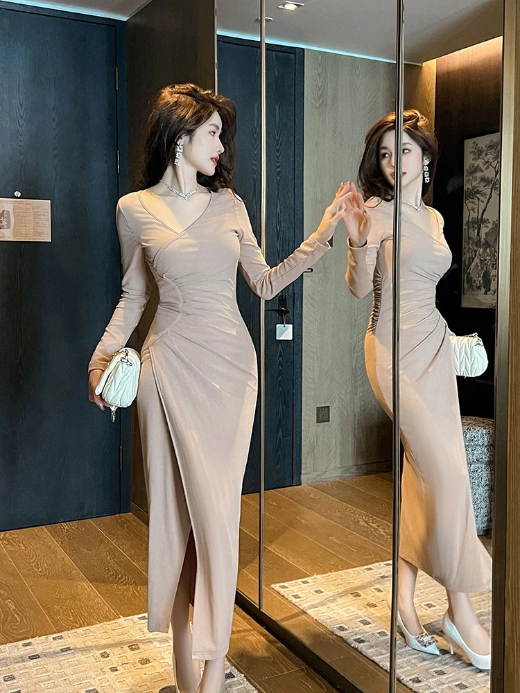 2024 春 ワンピース 斜襟 皺デザイン ロング キャバ 大人 ウェディング ロング 結婚式 ドレス パーティードレス お呼ばれ 披露宴