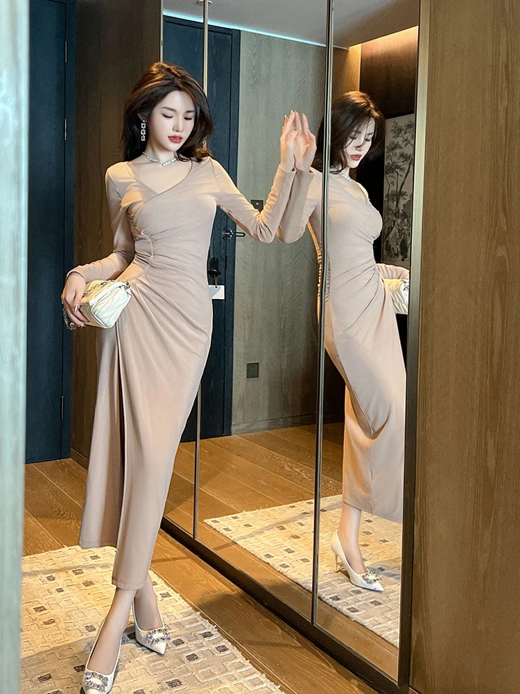 2024 春 ワンピース 斜襟 皺デザイン ロング キャバ 大人 ウェディング ロング 結婚式 ドレス パーティードレス お呼ばれ 披露宴