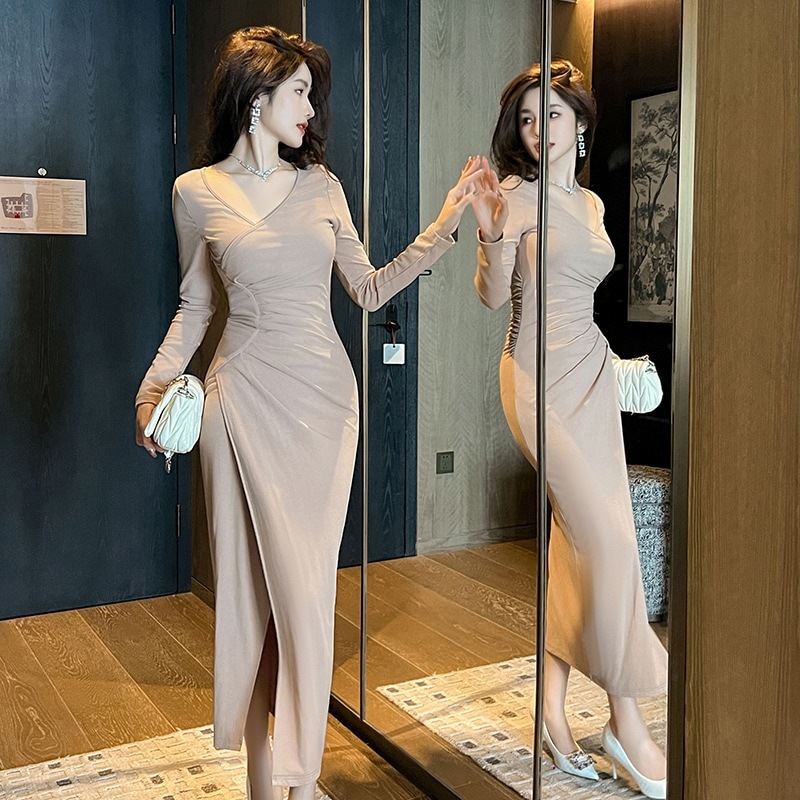2024 春 ワンピース 斜襟 皺デザイン ロング キャバ 大人 ウェディング ロング 結婚式 ドレス パーティードレス お呼ばれ 披露宴