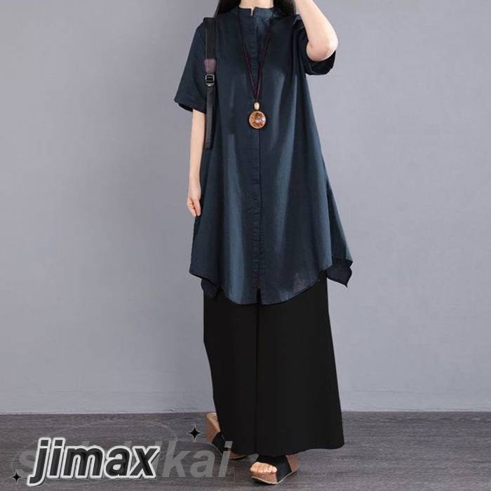 ブラウス チュニック 長ズボン セットアップ レディース カジュアル 夏 綿麻混 バンドカラー ロングシャツ ワイドパンツ 半袖 ゆったり 薄手 大人 春夏秋 体型カバー カジュアル 大きいサイズ 無