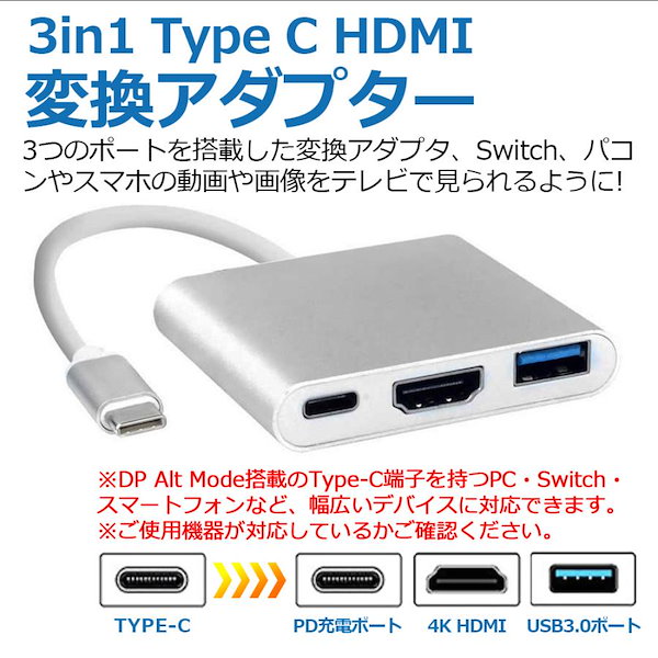 USB Type C to HDMI 芳ばしく 3 in 1 変換アダプター