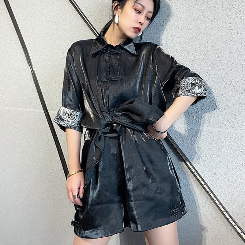 セットアップショートパンツ 夏 チャイナ風服 普段着 改良唐装アウター シャツ 半袖 カーディガン レディース 黒 薄手 セットアップショートパンツ 夏 チャイナ風服 普段着 改良唐装アウター シャツ 半袖 カーディガン レディース 黒 薄手