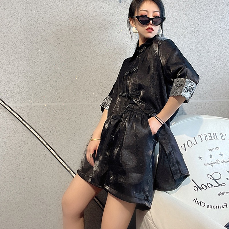 セットアップショートパンツ 夏 チャイナ風服 普段着 改良唐装アウター シャツ 半袖 カーディガン レディース 黒 薄手 セットアップショートパンツ 夏 チャイナ風服 普段着 改良唐装アウター シャツ 半袖 カーディガン レディース 黒 薄手