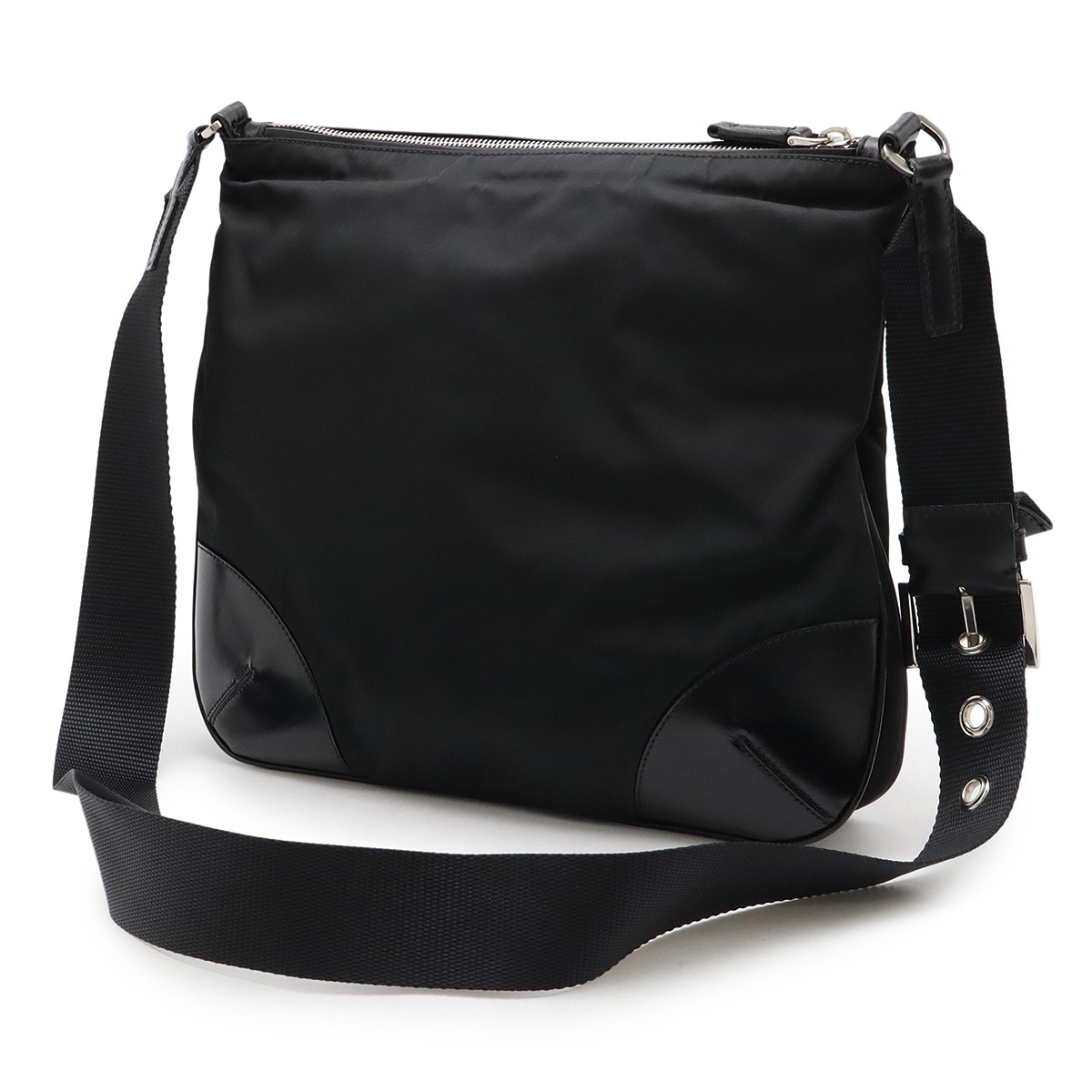 トライアングルロゴ ショルダーバッグ 斜め掛け ナイロン レザー NERO 黒 ブラック シルバー金