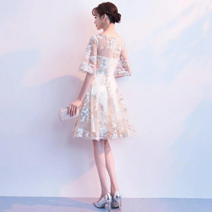 【即納】パーティードレス 膝丈 結婚式ドレス 結婚式 パーティドレス お呼ばれドレス 袖あり 袖 フレア袖 ニ次会 フォーマル 花柄　刺繍 セレブ 二次会 パーティ 2次会 パーティードレス フォーマ