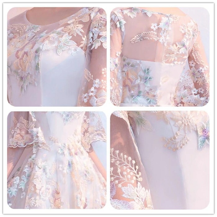 【即納】パーティードレス 膝丈 結婚式ドレス 結婚式 パーティドレス お呼ばれドレス 袖あり 袖 フレア袖 ニ次会 フォーマル 花柄　刺繍 セレブ 二次会 パーティ 2次会 パーティードレス フォーマ