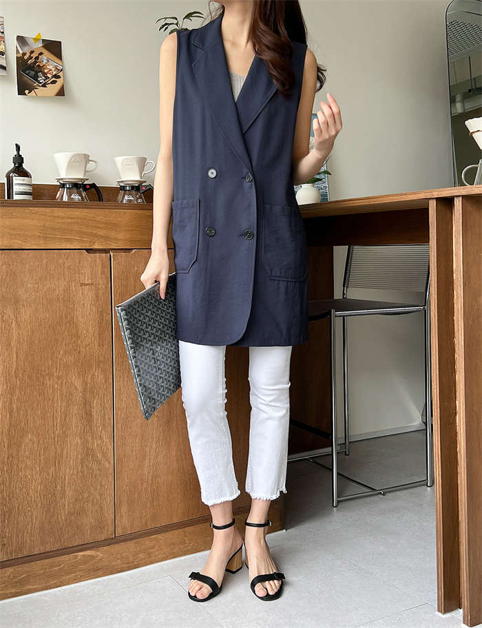 ジレ レディース 春夏 40代 ジレ ベスト ノースリーブ ロングジレ トレンチベスト 無地 ジレンチ トップス ロングベスト サマーベスト ポケットある コットン トレンチベスト スーツベスト 無地