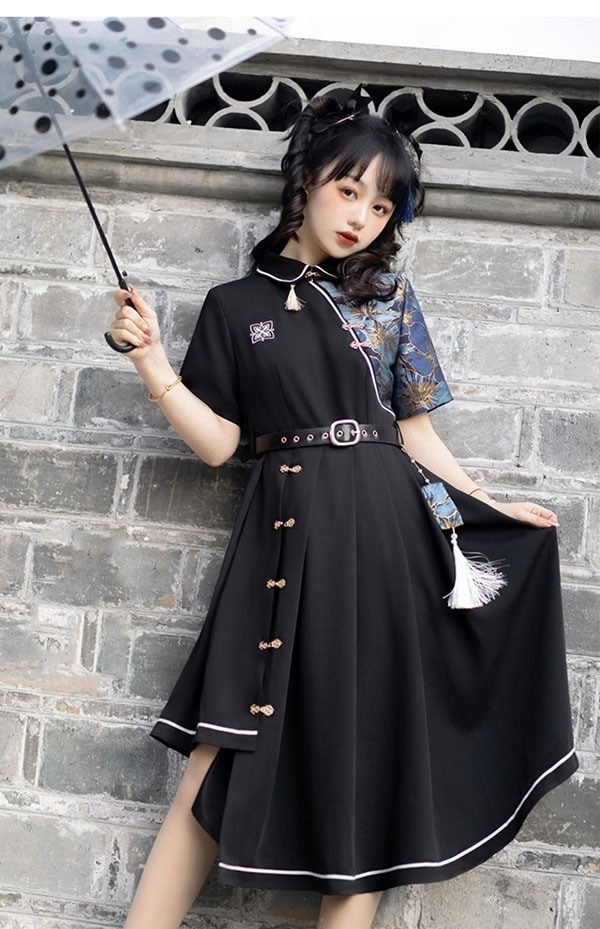 チャイナワンピース 中華風 和柄 ベルト付き 半袖 長袖 切り替え ハイウエスト エスニック レディース ワンピース 個性的 原宿系 青文字系 カジュアル ファッション S M L