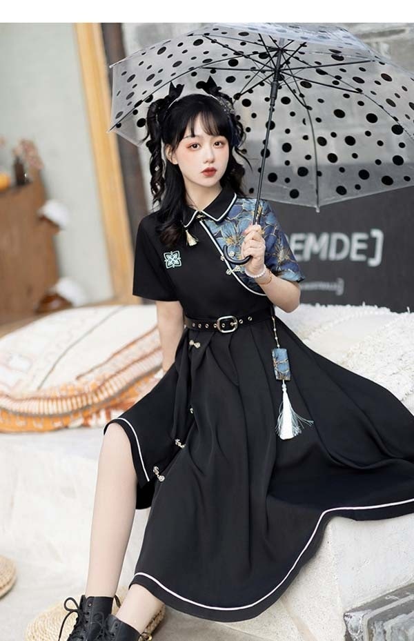 チャイナワンピース 中華風 和柄 ベルト付き 半袖 長袖 切り替え ハイウエスト エスニック レディース ワンピース 個性的 原宿系 青文字系 カジュアル ファッション S M L