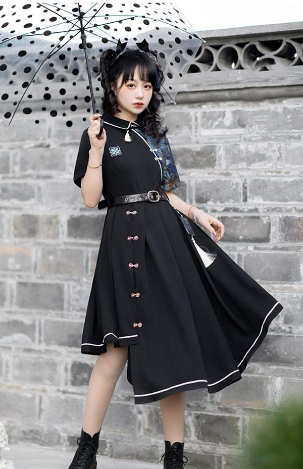 チャイナワンピース 中華風 和柄 ベルト付き 半袖 長袖 切り替え ハイウエスト エスニック レディース ワンピース 個性的 原宿系 青文字系 カジュアル ファッション S M L