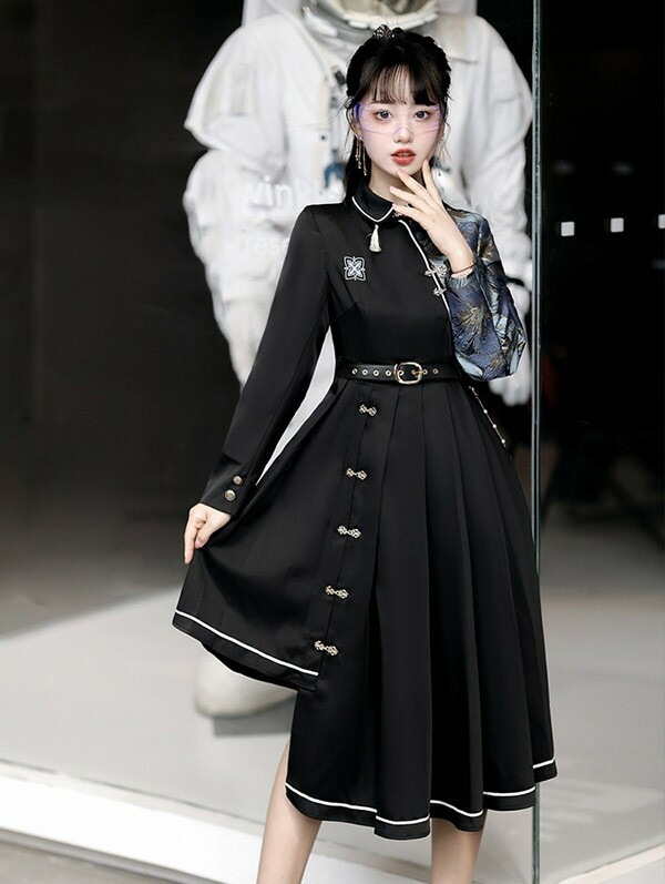 チャイナワンピース 中華風 和柄 ベルト付き 半袖 長袖 切り替え ハイウエスト エスニック レディース ワンピース 個性的 原宿系 青文字系 カジュアル ファッション S M L