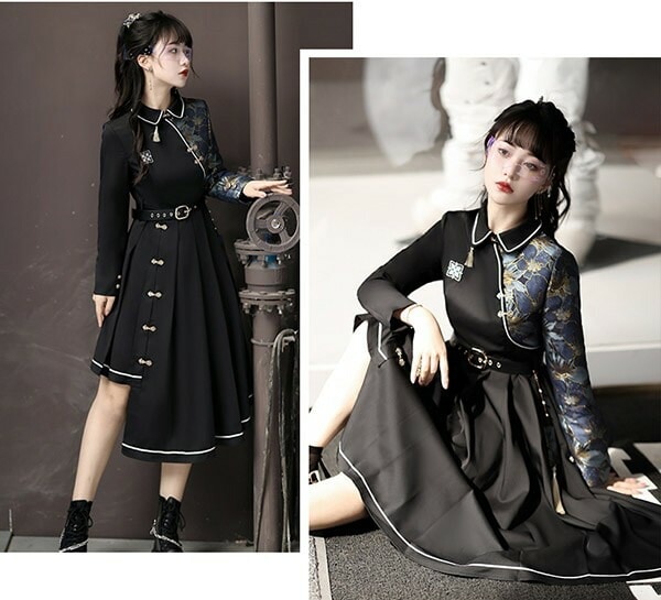 チャイナワンピース 中華風 和柄 ベルト付き 半袖 長袖 切り替え ハイウエスト エスニック レディース ワンピース 個性的 原宿系 青文字系 カジュアル ファッション S M L