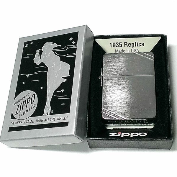 ZIPPO ライター ジッポ 1935 復刻レプリカ シルバーサテン ダイアゴナルライン 両面 3バレル シンプル アンティーク 角型 メンズ ギフト プレゼント