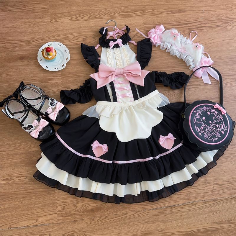 ロリータ 二次元 メイド服 コスプレ ダークナイトにゃんこ娘ロリータ 洋装学院祭用スイート メイド キャミソール ワンピース ドレス 韓国ファッション