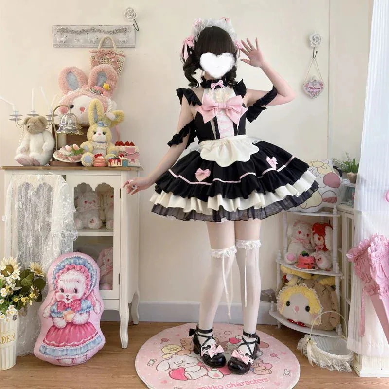 ロリータ 二次元 メイド服 コスプレ ダークナイトにゃんこ娘ロリータ 洋装学院祭用スイート メイド キャミソール ワンピース ドレス 韓国ファッション
