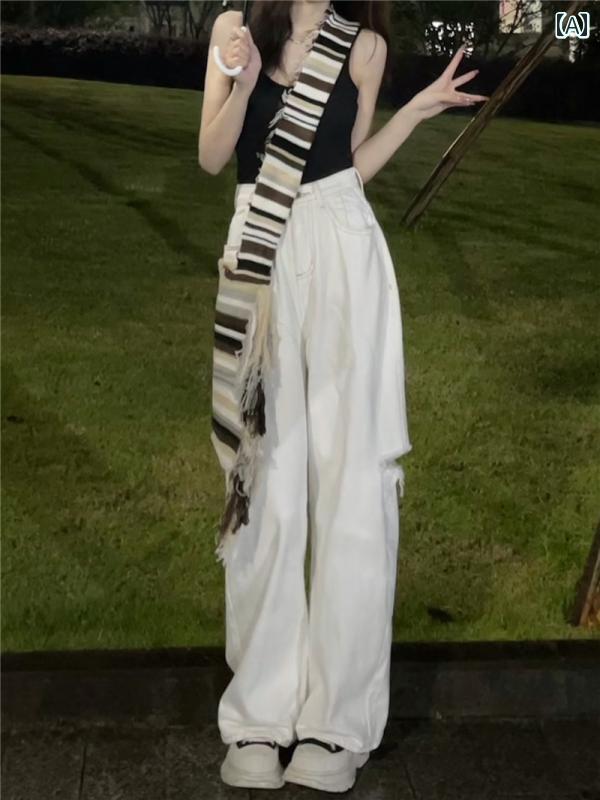 デニムパンツ レディース ダメージ ジーンズ クラッシュ ボトムス ストレート 春 ファッション ハイウエスト ワイド カジュアル 韓国