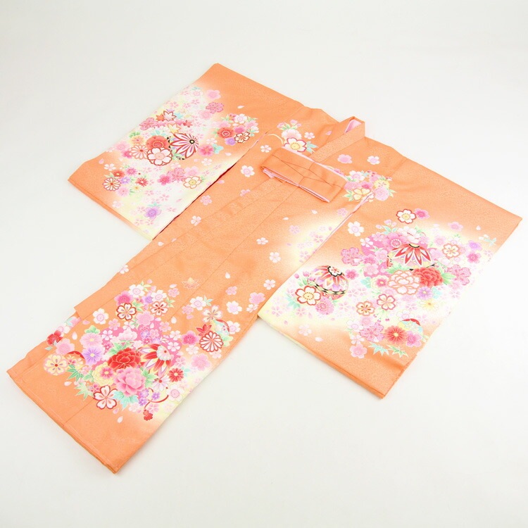 レンタル お宮参り 着物 女の子 レンタル オレンジ地に鞠刺繍と牡丹貝袷お宮参り レンタル 衣装 女児 祝着　初着 産着 レンタル衣装