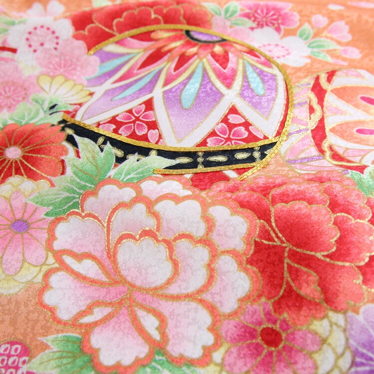 レンタル お宮参り 着物 女の子 レンタル オレンジ地に鞠刺繍と牡丹貝袷お宮参り レンタル 衣装 女児 祝着　初着 産着 レンタル衣装