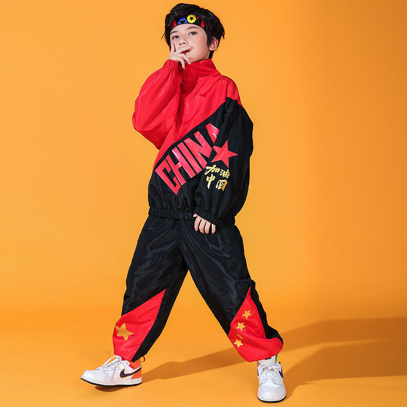 【3650人コレクション】ストリートダンス子供ファッション服秋ヒップホップゆるいジャズ愛国スーツ男女童架子鼓運動会演出服
