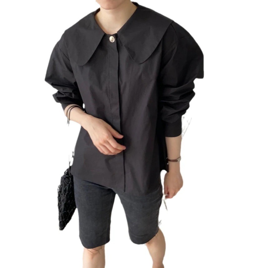 今っぽシアーシャツ使える!シフォンブラウス韓国2023秋の新型韓国系デザイン感背中百ひだゆるい人形襟長袖シャツ上着女 今っぽシアーシャツ使える!シフォンブラウス韓国2023秋の新型韓国系デザイン感背中百ひだゆるい人形襟長袖シャツ上着女