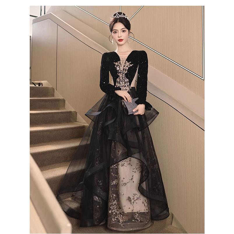 ドレス 大人 ピアノ 発表会 ロング丈 ぽっちゃり 大きいサイズ イブニングドレス 演奏会 ピアノ発表会 袖付き ワンピース Aライン ステージドレス 二次会 女子会 ドレス 大人 ピアノ 発表会 演奏会用ドレス 演奏会