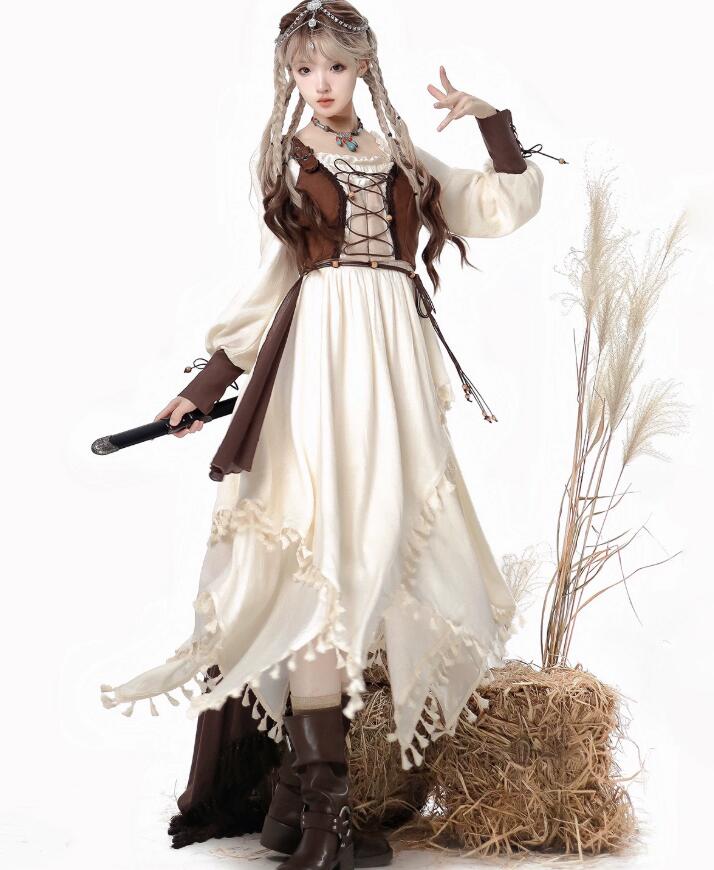 レディース ハロウィン コスプレ衣装 ゴシック 魔女 悪魔 変身仮装 長袖ドレス レースアップベスト マント エスニック 演出服 砂漠 撮影衣装 学園祭 文化祭 発表会 舞台劇 オペラ 演出服