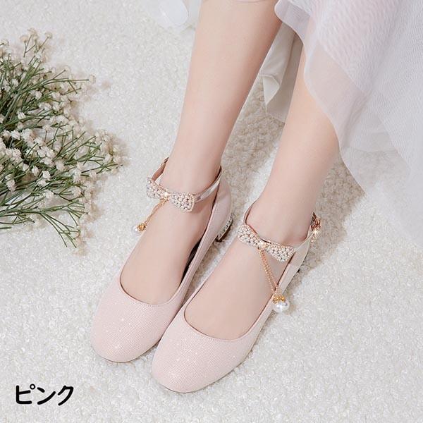 パンプス キラキラ ヒール3cm 太いヒール ローヒール ピンク ゴールド 黒 白 結婚式 ピアノ 発表会 パーティー シューズ 靴 謝恩会