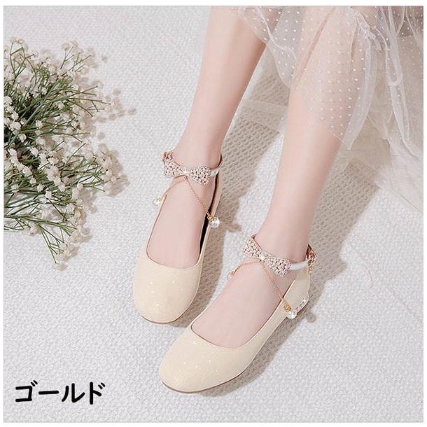 パンプス キラキラ ヒール3cm 太いヒール ローヒール ピンク ゴールド 黒 白 結婚式 ピアノ 発表会 パーティー シューズ 靴 謝恩会