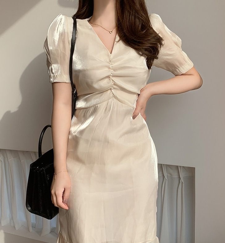 レディース ドレス パーティードレス パーティー 結婚式 二次会 膝下 半袖 パフスリーブ Vネック マーメイド スレンダー バックリボン サテン 薄手 きれいめ シンプル 上品 エレガント レディース ドレス パーティードレス パーティー 結婚式 二次会 膝下 半袖 パフスリーブ Vネック マーメイド スレンダー バックリボン サテン 薄手 きれいめ シンプル 上品 エレガント