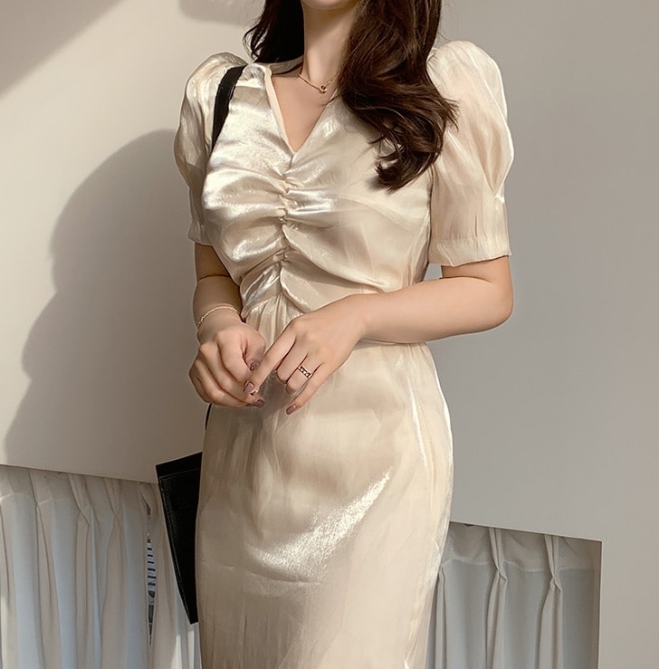 レディース ドレス パーティードレス パーティー 結婚式 二次会 膝下 半袖 パフスリーブ Vネック マーメイド スレンダー バックリボン サテン 薄手 きれいめ シンプル 上品 エレガント レディース ドレス パーティードレス パーティー 結婚式 二次会 膝下 半袖 パフスリーブ Vネック マーメイド スレンダー バックリボン サテン 薄手 きれいめ シンプル 上品 エレガント